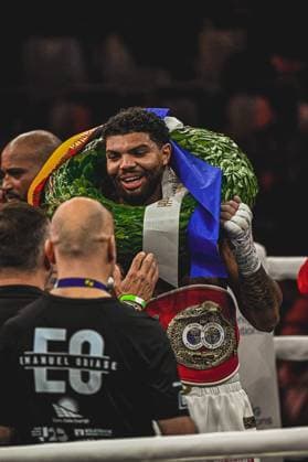 Emanuel Odiase 903 VIP celebrates victory with the championship belt in the SAP Arena after a thrilling heavyweight duel Ringside, 15 05 2026, Mannheim, SAP Arena Copyright: xspeedshotx