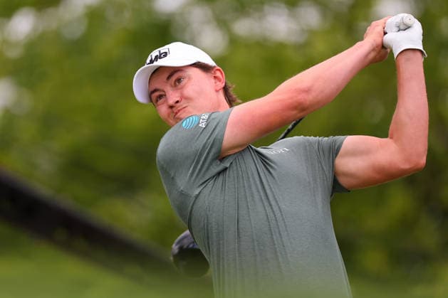 NEWTON SQUARE, PA - MAY 15: Maverick McNealy of the United States tees off at the tenth tee during Round 2 of the 2026 PGA, Golf Herren Championship on May 15, 2026 at Aronimink Golf Club in Newtown Square, Pennsylvania. (Photo by Rich Graessle Icon Sportswire) GOLF: MAY 15 PGA PGA Championship EDITORIAL USE ONLY Icon260515256272