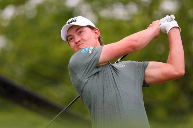 NEWTON SQUARE, PA - MAY 15: Maverick McNealy of the United States tees off at the tenth tee during Round 2 of the 2026 PGA, Golf Herren Championship on May 15, 2026 at Aronimink Golf Club in Newtown Square, Pennsylvania. (Photo by Rich Graessle Icon Sportswire) GOLF: MAY 15 PGA PGA Championship EDITORIAL USE ONLY Icon260515256282