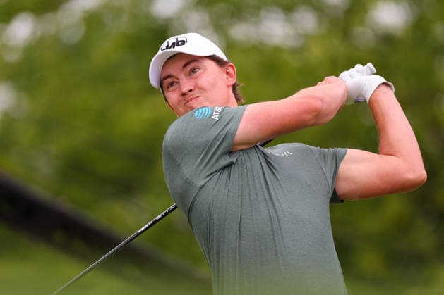 NEWTON SQUARE, PA - MAY 15: Maverick McNealy of the United States tees off at the tenth tee during Round 2 of the 2026 PGA, Golf Herren Championship on May 15, 2026 at Aronimink Golf Club in Newtown Square, Pennsylvania. (Photo by Rich Graessle Icon Sportswire) GOLF: MAY 15 PGA PGA Championship EDITORIAL USE ONLY Icon260515256292
