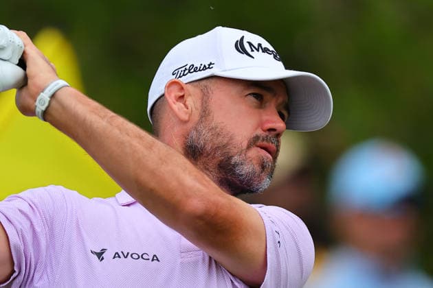 NEWTON SQUARE, PA - MAY 15: Brian Harman of the United States tees off at the first tee during Round 2 of the 2026 PGA, Golf Herren Championship on May 15, 2026 at Aronimink Golf Club in Newtown Square, Pennsylvania. (Photo by Rich Graessle Icon Sportswire) GOLF: MAY 15 PGA PGA Championship EDITORIAL USE ONLY Icon260515257092