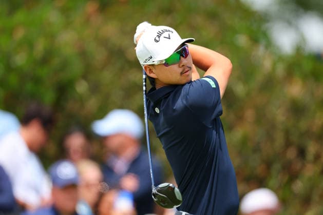 NEWTON SQUARE, PA - MAY 15: Min Woo Lee of Australia tees off at the first tee during Round 2 of the 2026 PGA, Golf Herren Championship on May 15, 2026 at Aronimink Golf Club in Newtown Square, Pennsylvania. (Photo by Rich Graessle Icon Sportswire) GOLF: MAY 15 PGA PGA Championship EDITORIAL USE ONLY Icon260515257162