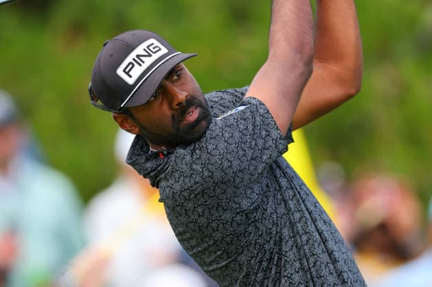 NEWTON SQUARE, PA - MAY 15: Sahith Theegala of the United States tees off at the first tee during Round 2 of the 2026 PGA, Golf Herren Championship on May 15, 2026 at Aronimink Golf Club in Newtown Square, Pennsylvania. (Photo by Rich Graessle Icon Sportswire) GOLF: MAY 15 PGA PGA Championship EDITORIAL USE ONLY Icon260515257182