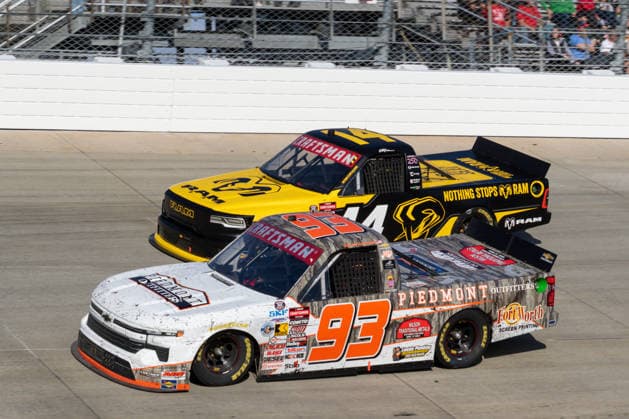 DOVER, DE - MAY 15: Caleb Costner ( 93 Costner Motorsports Piedmont Outfiters Realtree Chevrolet) races Mini Tyrrell ( 14 Kaulig Racing Ram s Race for the Seat RAM) during the NASCAR, Motorsport, USA CRAFTSMAN Truck Series ECOSAVE 200 on May 15, 2026, at Dover Motor Speedway in Dover, DE. (Photo by David Hahn Icon Sportswire) AUTO: MAY 15 NASCAR CRAFTSMAN Truck Series ECOSAVE 200 EDITORIAL USE ONLY Icon260515020