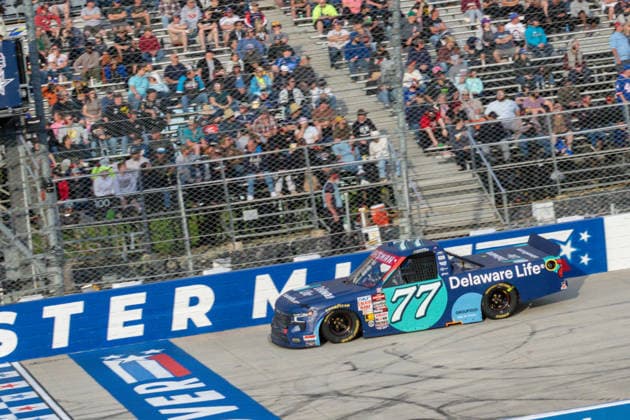 DOVER, DE - MAY 15: Carson Hocevar ( 77 Spire Motorsports Delaware Life Chevrolet) races down the front stretch during the NASCAR, Motorsport, USA CRAFTSMAN Truck Series ECOSAVE 200 on May 15, 2026, at Dover Motor Speedway in Dover, DE. (Photo by David Hahn Icon Sportswire) AUTO: MAY 15 NASCAR CRAFTSMAN Truck Series ECOSAVE 200 EDITORIAL USE ONLY Icon260515021