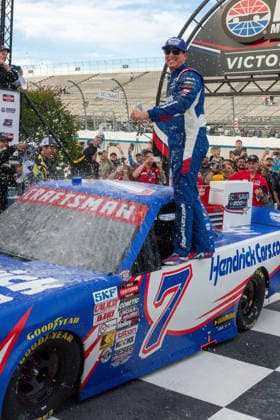 DOVER, DE - MAY 15: Kyle Busch ( 7 Spire Motorsports HendrickCars.com Chevrolet) celebrates in victory lane after winning the NASCAR, Motorsport, USA CRAFTSMAN Truck Series ECOSAVE 200 on May 15, 2026, at Dover Motor Speedway in Dover, DE. (Photo by David Hahn Icon Sportswire) AUTO: MAY 15 NASCAR CRAFTSMAN Truck Series ECOSAVE 200 EDITORIAL USE ONLY Icon260515028