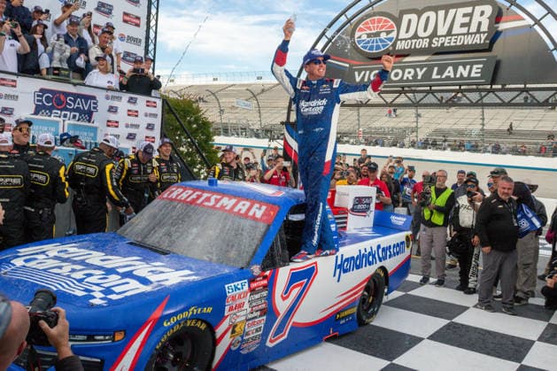 DOVER, DE - MAY 15: Kyle Busch ( 7 Spire Motorsports HendrickCars.com Chevrolet) celebrates in victory lane after winning the NASCAR, Motorsport, USA CRAFTSMAN Truck Series ECOSAVE 200 on May 15, 2026, at Dover Motor Speedway in Dover, DE. (Photo by David Hahn Icon Sportswire) AUTO: MAY 15 NASCAR CRAFTSMAN Truck Series ECOSAVE 200 EDITORIAL USE ONLY Icon260515029