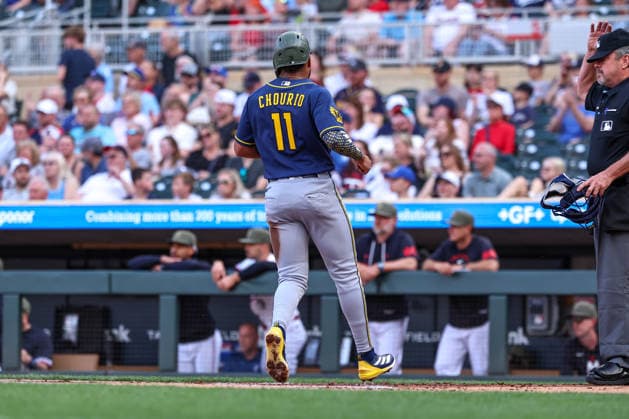 May 15th, 2026: Milwaukee Brewers left fielder Jackson Chourio (11) scores on a RBI single by Milwaukee Brewers catcher William Contreras (24)(not pictured) in the first inning during a MLB, Baseball Herren, USA Baseball game between the Milwaukee Brewers and the Minnesota Twins at Target Field in Minneapolis, Minnesota. CSM MLB 2026: Brewers Vs Twins MAY 15  - ZUMAc04_ 20260515_zma_c04_016 Copyright: xStevenxGarciax