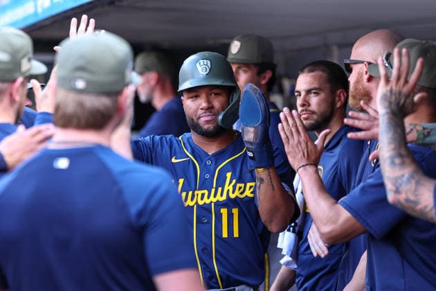 May 15th, 2026: Milwaukee Brewers left fielder Jackson Chourio (11) celebrates in the dugout after scoring on a RBI single hit by Milwaukee Brewers catcher William Contreras (24) in the first inning during a MLB, Baseball Herren, USA Baseball game between the Milwaukee Brewers and the Minnesota Twins at Target Field in Minneapolis, Minnesota. CSM MLB 2026: Brewers Vs Twins MAY 15  - ZUMAc04_ 20260515_zma_c04_017 Copyright: xStevenxGarciax