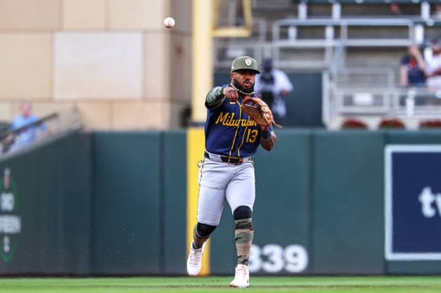 May 15th, 2026: Milwaukee Brewers third baseman Luis Rengifo (13) makes a play to first base in the fourth inning during a MLB, Baseball Herren, USA Baseball game between the Milwaukee Brewers and the Minnesota Twins at Target Field in Minneapolis, Minnesota. CSM MLB 2026: Brewers Vs Twins MAY 15  - ZUMAc04_ 20260515_zma_c04_019 Copyright: xStevenxGarciax