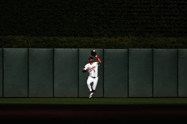 May 15th, 2026: Minnesota Twins center fielder Ryan Kreidler (5) catches the ball in the first inning during a MLB, Baseball Herren, USA Baseball game between the Milwaukee Brewers and the Minnesota Twins at Target Field in Minneapolis, Minnesota. CSM MLB 2026: Brewers Vs Twins MAY 15  - ZUMAc04_ 20260515_zma_c04_026 Copyright: xStevenxGarciax