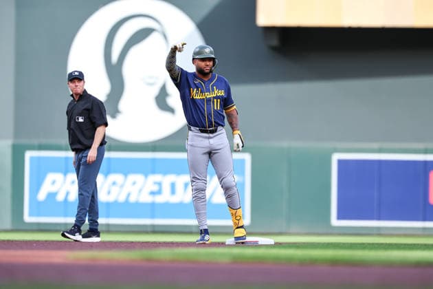 May 15th, 2026: Milwaukee Brewers left fielder Jackson Chourio (11) celebrates a double in the first inning during a MLB, Baseball Herren, USA Baseball game between the Milwaukee Brewers and the Minnesota Twins at Target Field in Minneapolis, Minnesota. CSM MLB 2026: Brewers Vs Twins MAY 15  - ZUMAc04_ 20260515_zma_c04_027 Copyright: xStevenxGarciax