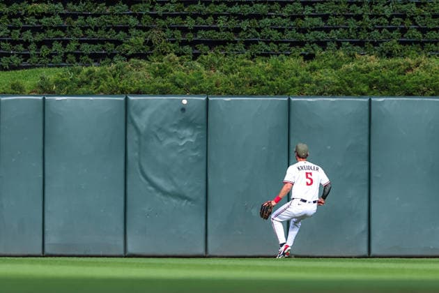 May 15th, 2026: Minnesota Twins center fielder Ryan Kreidler (5) watches the ball bounce off the wall hit by Milwaukee Brewers left fielder Jackson Chourio (11)(not pictured) in the first inning during a MLB, Baseball Herren, USA Baseball game between the Milwaukee Brewers and the Minnesota Twins at Target Field in Minneapolis, Minnesota. CSM Minneapolis USA - ZUMAc04_ 20260515_zma_c04_020 Copyright: xStevenxGarciax