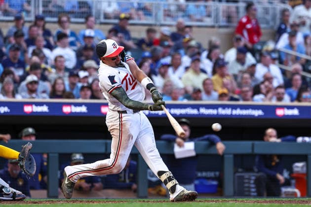 May 15th, 2026: Minnesota Twins third baseman Royce Lewis (23) hits a RBI double in the seventh inning during a MLB, Baseball Herren, USA Baseball game between the Milwaukee Brewers and the Minnesota Twins at Target Field in Minneapolis, Minnesota. CSM MLB 2026: Brewers Vs Twins MAY 15  - ZUMAc04_ 20260515_zma_c04_030 Copyright: xStevenxGarciax