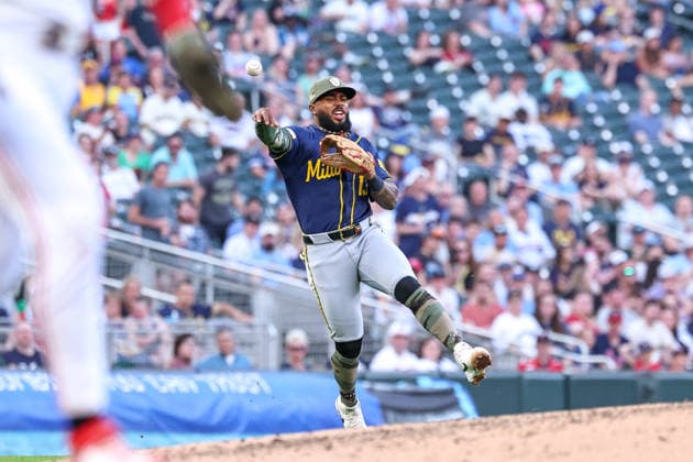 May 15th, 2026: Milwaukee Brewers third baseman Luis Rengifo (13) makes the throw to first base for an out during a MLB, Baseball Herren, USA Baseball game between the Milwaukee Brewers and the Minnesota Twins at Target Field in Minneapolis, Minnesota. CSM MLB 2026: Brewers Vs Twins MAY 15  - ZUMAc04_ 20260515_zma_c04_036 Copyright: xStevenxGarciax