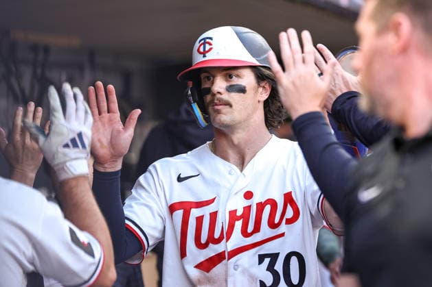 May 15th, 2026: Minnesota Twins left fielder James Outman (30) celebrates after scoring in the sixth inning during a MLB, Baseball Herren, USA Baseball game between the Milwaukee Brewers and the Minnesota Twins at Target Field in Minneapolis, Minnesota. CSM MLB 2026: Brewers Vs Twins MAY 15  - ZUMAc04_ 20260515_zma_c04_043 Copyright: xStevenxGarciax