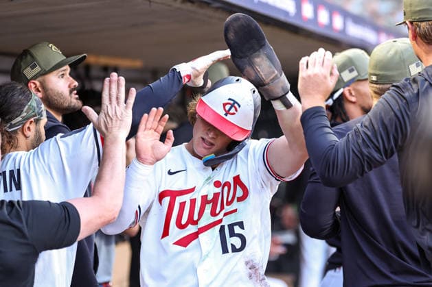 May 15th, 2026: Minnesota Twins second baseman Luke Keaschall (15) celebrates scoring on a RBI double hit by Minnesota Twins third baseman Royce Lewis (23)(not pictured) in the seventh inning during a MLB, Baseball Herren, USA Baseball game between the Milwaukee Brewers and the Minnesota Twins at Target Field in Minneapolis, Minnesota. CSM Minneapolis USA - ZUMAc04_ 20260515_zma_c04_038 Copyright: xStevenxGarciax