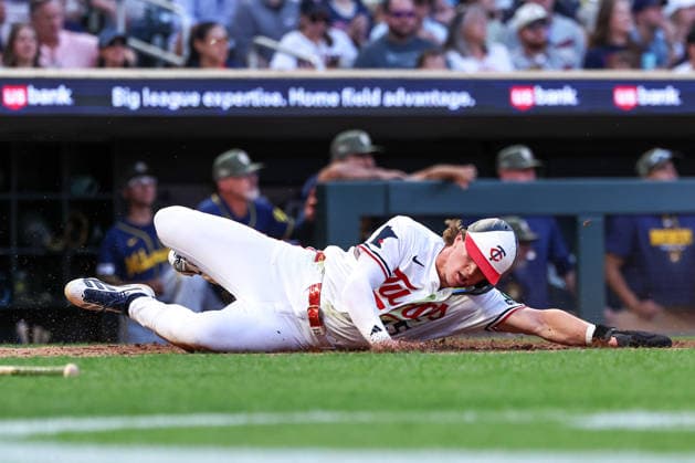 May 15th, 2026: Minnesota Twins second baseman Luke Keaschall (15) slides into home plate to score on a RBI double hit by Minnesota Twins third baseman Royce Lewis (23)(not pictured) in the seventh inning during a MLB, Baseball Herren, USA Baseball game between the Milwaukee Brewers and the Minnesota Twins at Target Field in Minneapolis, Minnesota. CSM Minneapolis USA - ZUMAc04_ 20260515_zma_c04_041 Copyright: xStevenxGarciax
