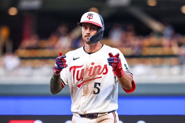 May 15th, 2026: Minnesota Twins center fielder Ryan Kreidler (5) celebrates a single in the seventh inning during a MLB, Baseball Herren, USA Baseball game between the Milwaukee Brewers and the Minnesota Twins at Target Field in Minneapolis, Minnesota. CSM Minneapolis USA - ZUMAc04_ 20260515_zma_c04_046 Copyright: xStevenxGarciax