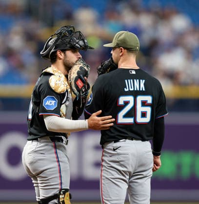 May 15, 2026, U.S.: Miami Marlins pitcher JANSON JUNK (26) and catcher JOE MACK (80) meet on the mound during a game against the Miami Marlins. The Tampa Bay Rays hosted the Miami Marlins at Tropicana Field in St. Petersburg, FL. U.S. - ZUMAm299 20260515_znp_m299_007 Copyright: xTaylorxMcFeex