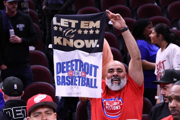 Detroit Pistons fans celebrate the Pistons 115-94 win over the Cleveland Cavaliers in Cleveland, Ohio Friday May 15, 2026.  CLE20260515111 AARONxJOSEFCZYK