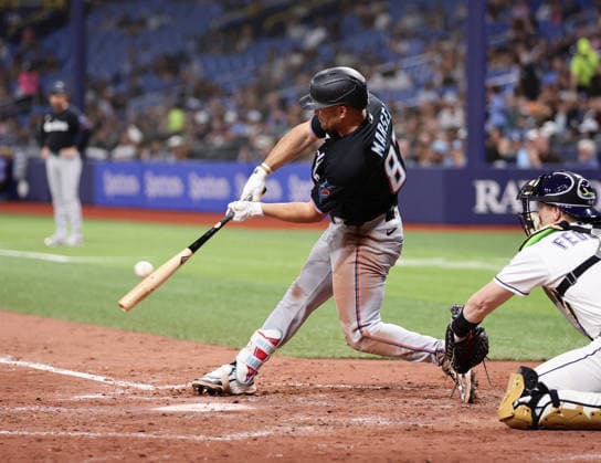 May 15, 2026, U.S.: Miami Marlins center fielder JAKOB MARSEE (87) hits a solo home run during the sixth inning against the Tampa Bay Rays. The Tampa Bay Rays hosted the Miami Marlins at Tropicana Field in St. Petersburg, FL. MLB, Baseball Herren, USA 2026: Miami Marlins 2:7 Tampa Bay Rays  - ZUMAm299 20260515_znp_m299_020 Copyright: xTaylorxMcFeex