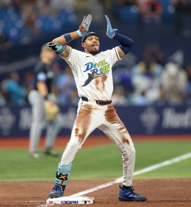 May 15, 2026, U.S.: Tampa Bay Rays left fielder CHANDLER SIMPSON (14) celebrates on third base after hitting a triple against the Miami Marlins. The Tampa Bay Rays hosted the Miami Marlins at Tropicana Field in St. Petersburg, FL. MLB, Baseball Herren, USA 2026: Miami Marlins 2:7 Tampa Bay Rays  - ZUMAm299 20260515_znp_m299_033 Copyright: xTaylorxMcFeex