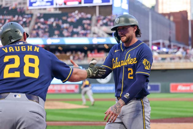 May 15th, 2026: Milwaukee Brewers second baseman Brice Turang (2) celebrates scoring on a RBI double hit by Milwaukee Brewers first baseman Jake Bauers (9)(not pictured) in the eighth inning during a MLB, Baseball Herren, USA Baseball game between the Milwaukee Brewers and the Minnesota Twins at Target Field in Minneapolis, Minnesota. CSM Minneapolis USA - ZUMAc04_ 20260515_zma_c04_048 Copyright: xStevenxGarciax