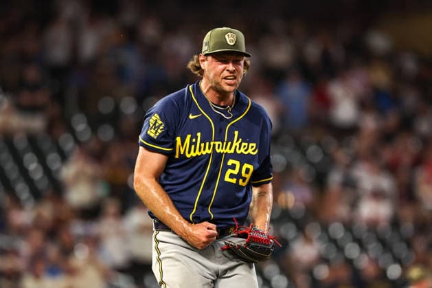 May 15th, 2026: Milwaukee Brewers pitcher Trevor Megill (29) celebrates the win in the ninth inning during a MLB, Baseball Herren, USA Baseball game between the Milwaukee Brewers and the Minnesota Twins at Target Field in Minneapolis, Minnesota. CSM Minneapolis USA - ZUMAc04_ 20260515_zma_c04_051 Copyright: xStevenxGarciax