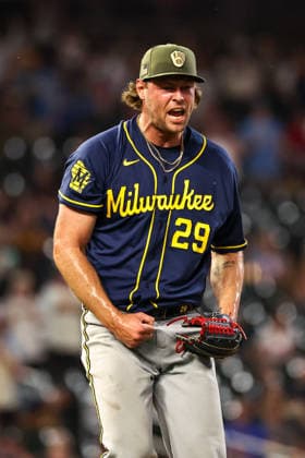 May 15th, 2026: Milwaukee Brewers pitcher Trevor Megill (29) celebrates the win in the ninth inning during a MLB, Baseball Herren, USA Baseball game between the Milwaukee Brewers and the Minnesota Twins at Target Field in Minneapolis, Minnesota. CSM Minneapolis USA - ZUMAc04_ 20260515_zma_c04_050 Copyright: xStevenxGarciax
