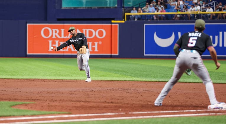May 15, 2026, U.S.: Miami Marlins second baseman XAVIER EDWARDS (9) throws to first base during a game against the Tampa Bay Rays. The Tampa Bay Rays hosted the Miami Marlins at Tropicana Field in St. Petersburg, FL. U.S. - ZUMAm299 20260515_znp_m299_022 Copyright: xTaylorxMcFeex
