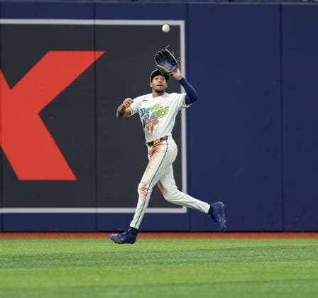May 15, 2026, U.S.: Tampa Bay Rays left fielder CHANDLER SIMPSON (14) catches a fly ball in Left Field during a game against the Miami Marlins. The Tampa Bay Rays hosted the Miami Marlins at Tropicana Field in St. Petersburg, FL. U.S. - ZUMAm299 20260515_znp_m299_036 Copyright: xTaylorxMcFeex