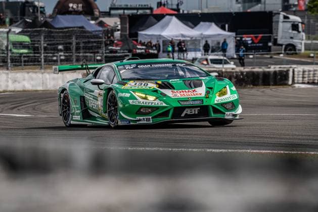 The green and white Lamborghini Huracán GT3 with the starting number 130 of Red Bull Team ABT drives around the Nürburgring circuit at the ADAC RAVENOL 24h Nürburgring 2026 The car Marco Mapelli Nicholas Yelloly Nicky Catsburg Red Bull Team ABT carries the sponsors Schaeffler, SONAX Müller, H R and ABT on the striking bodywork The switched-on LED headlights and the large rear wing underline the racing character of the Lamborghini Huracán GT3 130 from Red Bull Team ABT at the Nürburgring Copyright: xMichaelxSchäferx