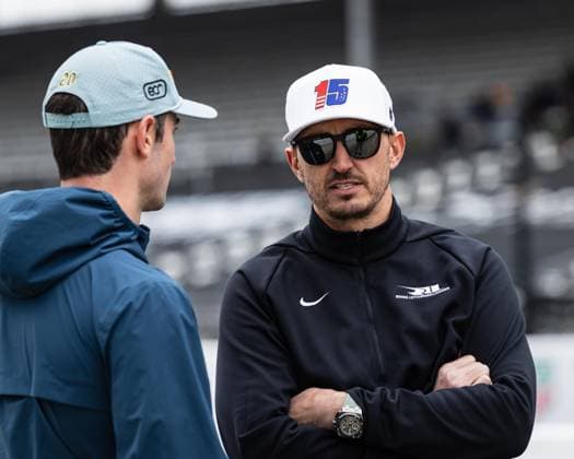 May 15, 2026, Speedway, Indiana, USA: GRAHAM RAHAL, driver of the No. 15 Honda for Rahal Letterman Lanigan Racing (right) talks to ALEXANDER ROSSI, driver of the No. 20 Chevrolet for Ed Carpenter Racing (left) during Fast Friday of the 110th Indianapolis 500 at Indianapolis Motor Speedway. IndyCar, Indy Car, IRL, USA 2026: Indy 500 Fast Friday Practice  - ZUMAw173 20260515_zsp_w173_058 Copyright: xLukexWelshx