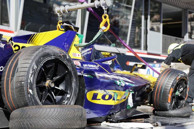 Damaged Lola Yamaha 22 of Zan Maloney on the tow truck in front of the pits after an accident, FIA Formula E World Championship Season 12, Monaco E Prix, MonteCarlo, MC, 16 05 2026,