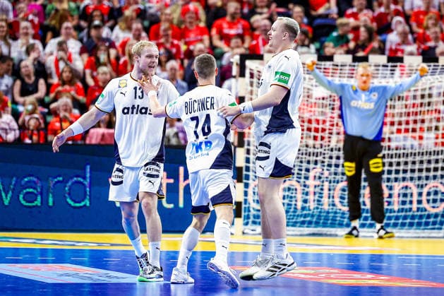 15 05 2026, xIAJx, handball, international match, test match, Denmark Germany, Royal Arena Copenhagen L R Matthes Langhoff Germany 13 , Vincent Büchner Germany 74 and Justus Fischer Germany 54 Denmark