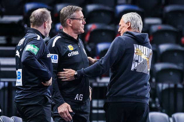 15 05 2026, xIAJx, handball, international match, test match, Denmark Germany, Royal Arena Copenhagen L R Goalkeeping coach Mattias Andersson Germany National coach Alfred Gislason Germany National coach Nikolaj Jacobsen Denmark Denmark Denmark