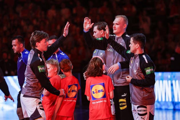 15 05 2026, xIAJx, handball, international match, test match, Denmark Germany, Royal Arena Copenhagen Nils Lichtlein Germany 3 Johannes Golla Germany 4 David Späth Germany 1 Tim Freihöfer Germany 2 during the run-in ceremony Denmark