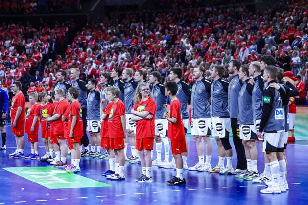 15 05 2026, xIAJx, handball, international match, test match, Denmark Germany, Royal Arena Copenhagen Line up of the DHB selection L R Johannes Golla Germany 4 David Späth Germany 1 Tim Freihöfer Germany 2 Nils Lichtlein Germany 3 Miro Schluroff Germany 5 Matthes Langhoff Germany 13 Juri Knorr Germany 15 Lukas Zerbe Germany 17 Renars Uscins Germany 23 Tom Kiesler Germany 30 Franz Semper Germany 32 Andreas Wolff Germany 33 Moritz Sauter Germany 49 Justus Fischer Germany 54 Marko Grgic Germany 71 Timo Kastening Germany 73 Vincent Büchner Germany 74 Denmark