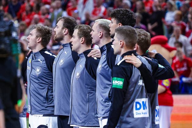 15 05 2026, xIAJx, handball, international match, test match, Denmark Germany, Royal Arena Copenhagen Franz Semper Germany 32 Andreas Wolff Germany 33 Moritz Sauter Germany 49 Justus Fischer Germany 54 Marko Grgic Germany 71 Timo Kastening Germany 73 Vincent Büchner Germany 74 during the national anthem Denmark