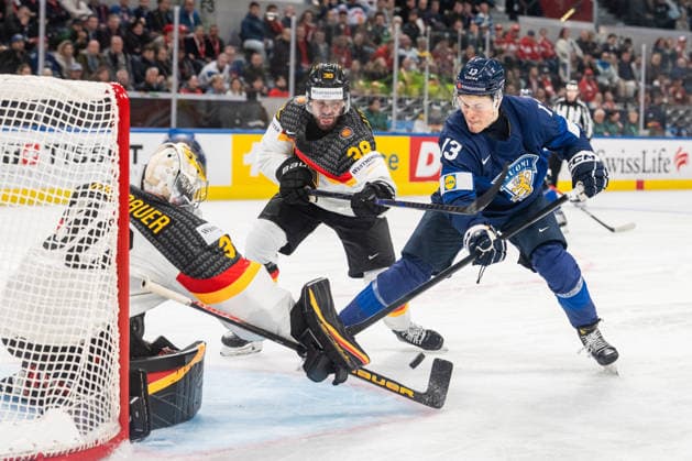 xxkeikkaxx 20260515 Swiss Life Arena, Zurich, Switzerland. IIHF Ice hockey, Eishockey World Championships match Finland vs Germany Jesse Puljujärvi (13) of Team Finland Fabio Wagner (38) of Team Germany Philipp Grubauer (30) of Team Germany Photo by Pasi Suokko All Over Press  1.06181904