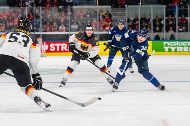 xxkeikkaxx 20260515 Swiss Life Arena, Zurich, Switzerland. IIHF Ice hockey, Eishockey World Championships match Finland vs Germany Aatu Räty (34) of Team Finland Joshua Samanski (44) of Team Germany )Moritz Seider (53) of Team Germany Teuvo Teräväinen (86) of Team Finland Photo by Pasi Suokko All Over Press  1.06181487