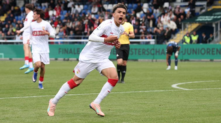 16 05 2026, Germany, Sinsheim soccer final DM B juniors, TSG 1899 Hoffenheim vs VfB Stuttgart , scorer Malik Mosrati VfB, celebrates his goal for 0 1