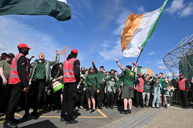 Celtic fans react outside Celtic Park Celtic v Heart of Midlothian, William Hill Scottish Premiership, Football, Celtic Park, Glasgow, Scotland, UK - 16 May 2026Glasgow Celtic Park United Kingdom EDITORIAL USE ONLY No use with unauthorised audio, video, data, fixture lists, club league logos or live services. Online in-match use limited to 120 images, no video emulation. No use in betting, games or single club league player publications.  Copyright: xMarkxRunnacles Shutterstockx 16876830s