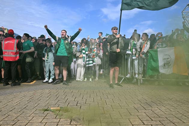 Celtic fans react outside Celtic Park Celtic v Heart of Midlothian, William Hill Scottish Premiership, Football, Celtic Park, Glasgow, Scotland, UK - 16 May 2026Glasgow Celtic Park United Kingdom EDITORIAL USE ONLY No use with unauthorised audio, video, data, fixture lists, club league logos or live services. Online in-match use limited to 120 images, no video emulation. No use in betting, games or single club league player publications.  Copyright: xMarkxRunnacles Shutterstockx 16876830n