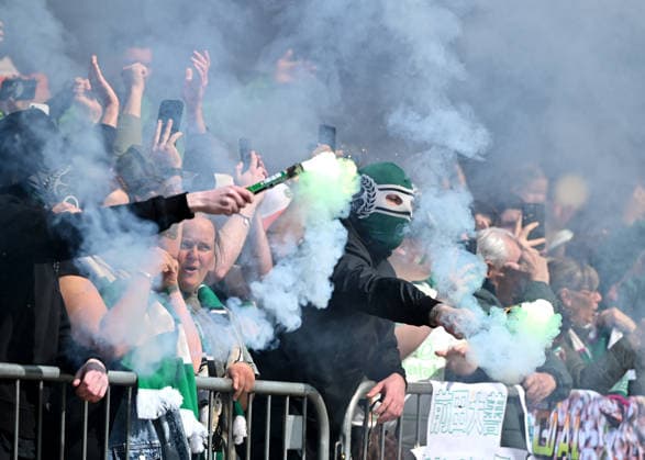Celtic fans at Celtic Park Celtic v Heart of Midlothian, William Hill Scottish Premiership, Football, Celtic Park, Glasgow, Scotland, UK - 16 May 2026Glasgow Celtic Park United Kingdom EDITORIAL USE ONLY No use with unauthorised audio, video, data, fixture lists, club league logos or live services. Online in-match use limited to 120 images, no video emulation. No use in betting, games or single club league player publications.  Copyright: xMarkxRunnacles Shutterstockx 16876830aq