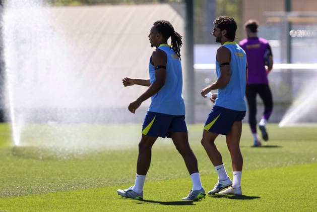 May 16, 2026, Sant Joan Despi, Barcelona, SPAIN: Jules Kounde and Ferran Torres during the training day of FC Barcelona, Barca ahead the Spanish League, Laliga EA Sports, football match against Real Betis at Ciudad Esportiva Joan Gamper on May 16, 2026 in Sant Joan Despi, Barcelona, Spain. Sant Joan Despi SPAIN - ZUMAa181 20260516_zaa_a181_108 Copyright: xJavierxBorregox
