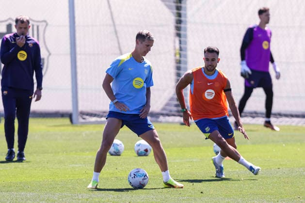 May 16, 2026, Sant Joan Despi, Barcelona, SPAIN: Dani Olmo and Eric Garcia during the training day of FC Barcelona, Barca ahead the Spanish League, Laliga EA Sports, football match against Real Betis at Ciudad Esportiva Joan Gamper on May 16, 2026 in Sant Joan Despi, Barcelona, Spain. Sant Joan Despi SPAIN - ZUMAa181 20260516_zaa_a181_109 Copyright: xJavierxBorregox