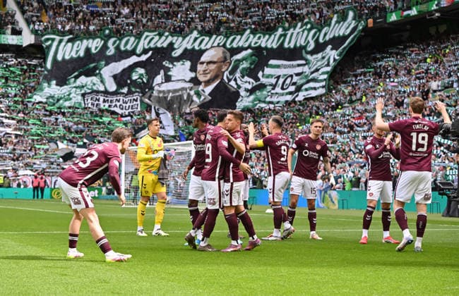 Hearts players just before kick off Celtic v Heart of Midlothian, William Hill Scottish Premiership, Football, Celtic Park, Glasgow, Scotland, UK - 16 May 2026Glasgow Celtic Park United Kingdom EDITORIAL USE ONLY No use with unauthorised audio, video, data, fixture lists, club league logos or live services. Online in-match use limited to 120 images, no video emulation. No use in betting, games or single club league player publications.  Copyright: xMarkxRunnacles Shutterstockx 16876830az
