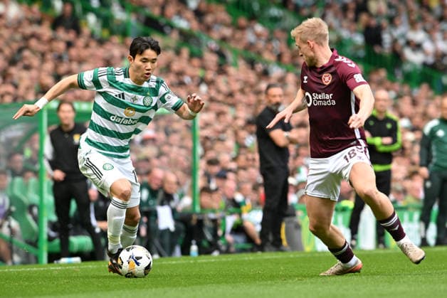 Hyunjan Yang of Celtic and Harry Milne of Hearts Celtic v Heart of Midlothian, William Hill Scottish Premiership, Football, Celtic Park, Glasgow, Scotland, UK - 16 May 2026Glasgow Celtic Park United Kingdom EDITORIAL USE ONLY No use with unauthorised audio, video, data, fixture lists, club league logos or live services. Online in-match use limited to 120 images, no video emulation. No use in betting, games or single club league player publications.  Copyright: xMarkxRunnacles Shutterstockx 16876830bo